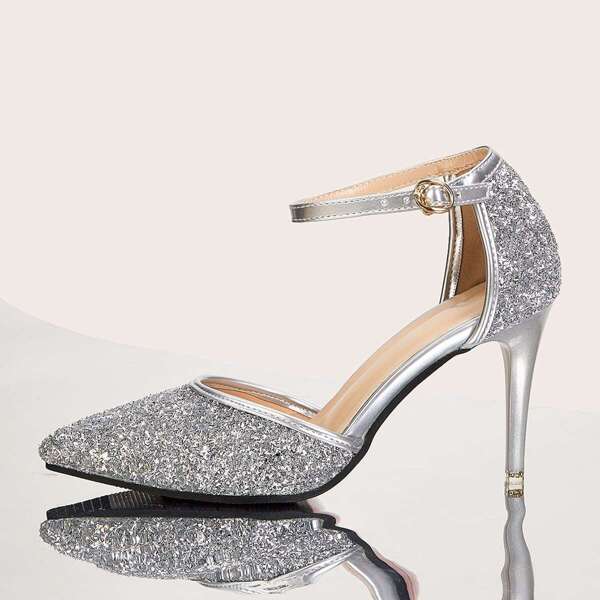 

Point Toe Ankle Strap Glitter Stiletto Heels, Silver