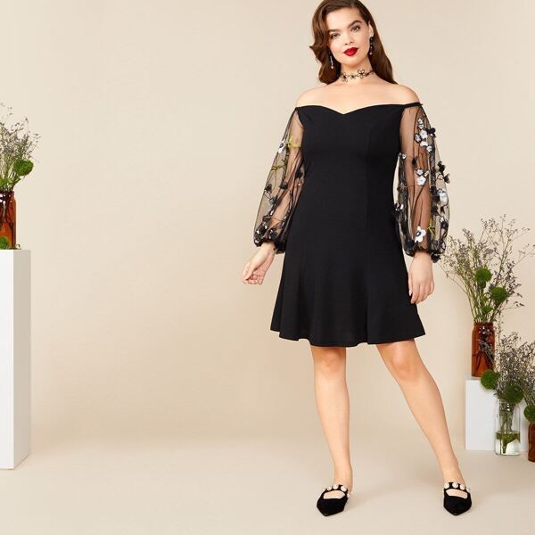 

Plus Off Shoulder Embroidery Mesh Sleeve Dress, Black