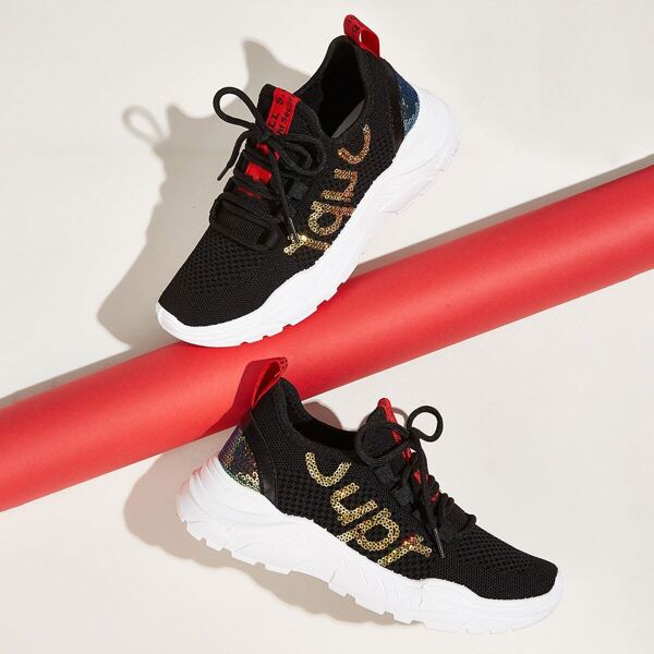 

Sequins Decor Lace-up Front Chunky Sneakers, Black