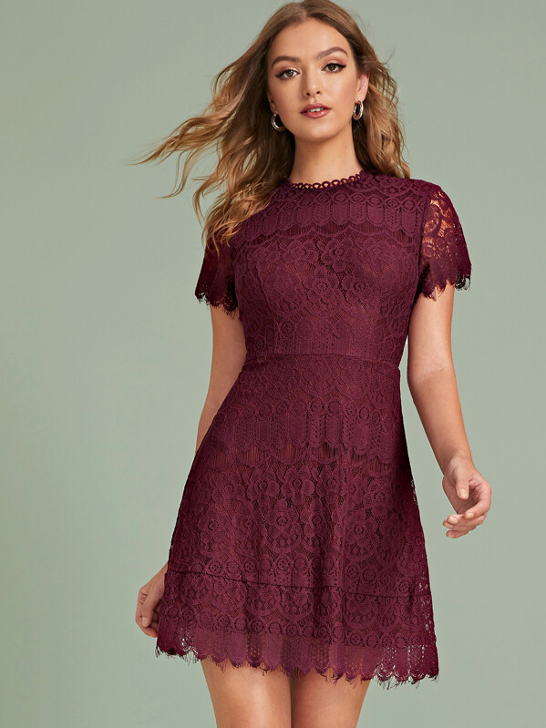

Zip Back Raw Trim Lace Dress, Burgundy, Luiza