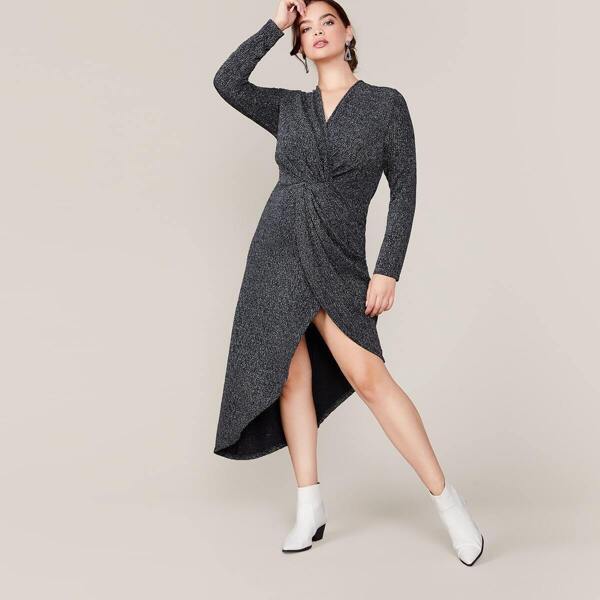 

Plus Twist Front Asymmetrical Hem Glitter Dress, Grey