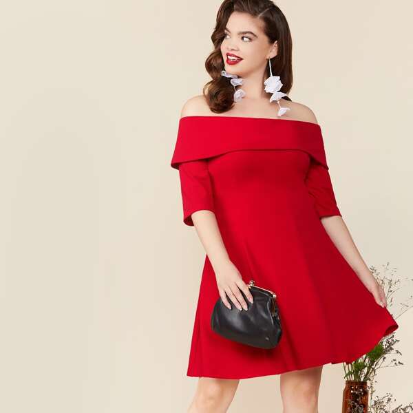 

Plus Off Shoulder Foldover Dress, Red bright