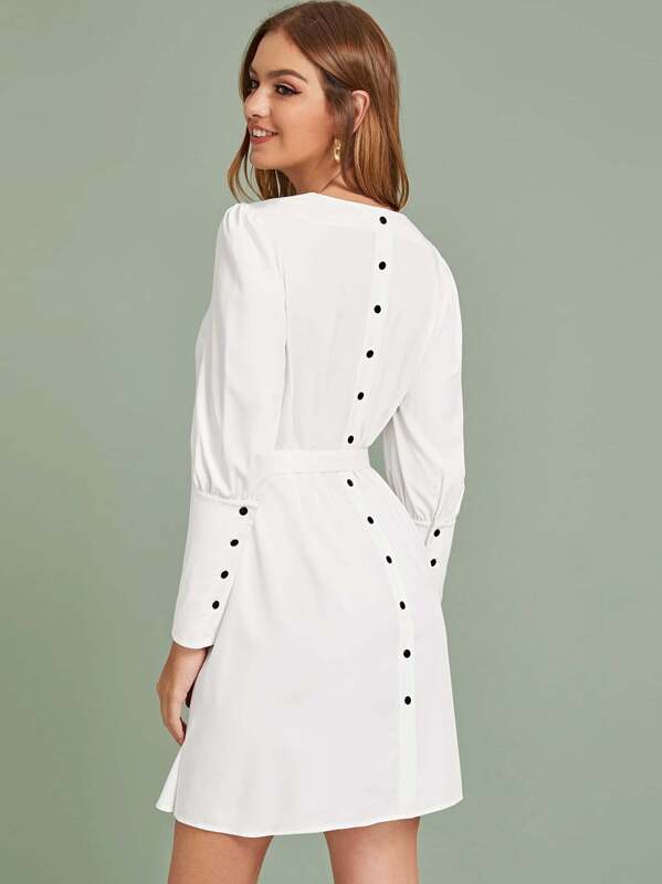 

Button Back Belted Dress, White, Luiza