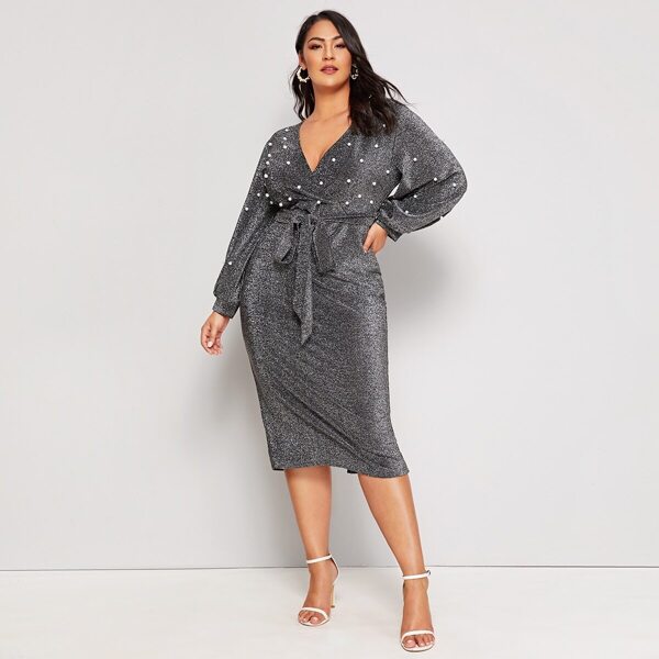 

Plus Lantern Sleeve Pearls Beaded Belted Glitter Dress, Grey