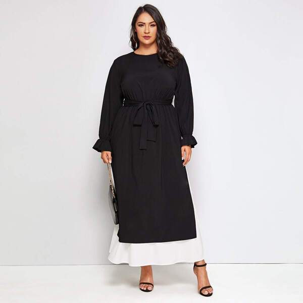 

Plus Two Tone Ruffle Cuff Belted Dress, Black