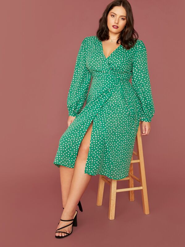 

Plus Lantern Sleeve Wrap Knot Dot Print Dress, Green, Marcelle Pallais