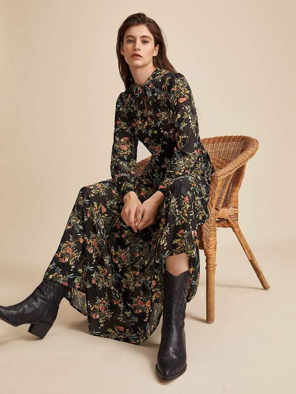 

Premium Tie Neck Floral Print Dress, Multicolor, Mila