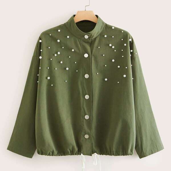 

Plus Single Breasted Pearls Beaded Jacket, Army green