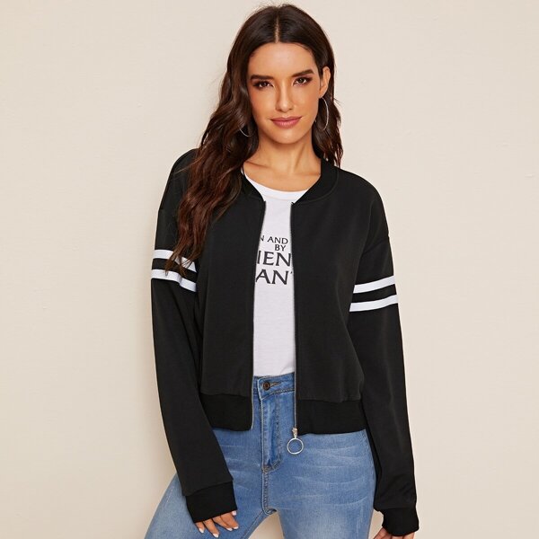 

Striped Sleeve Zipper Front Bomber Jacket, Black