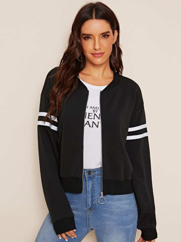 

Striped Sleeve Zipper Front Bomber Jacket, Black, Juliana
