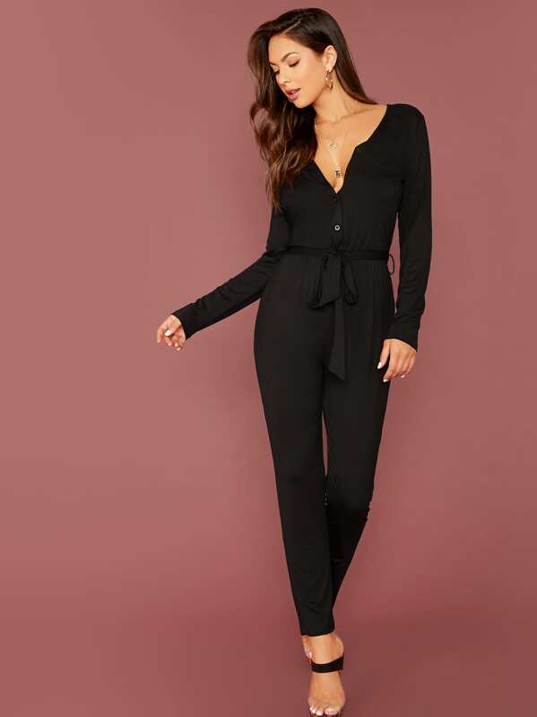 

Button Front Self Belted Solid Jumpsuit, Black, Christen Harper