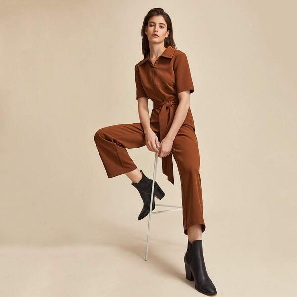 

Premium Zip Front Self Belted Straight Leg Jumpsuit, Brown