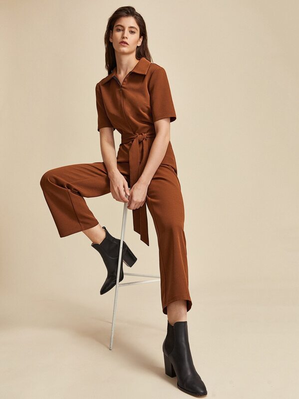 

Premium Zip Front Self Belted Straight Leg Jumpsuit, Brown, Mila