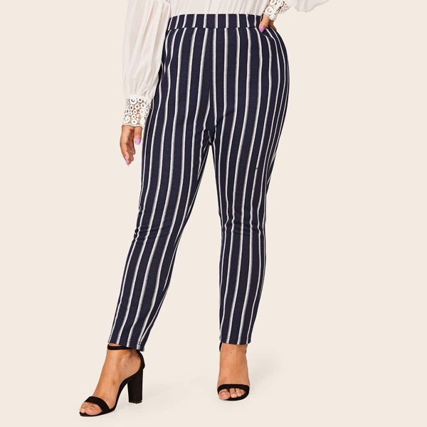 

Plus Elastic Waist Striped Leggings, Navy