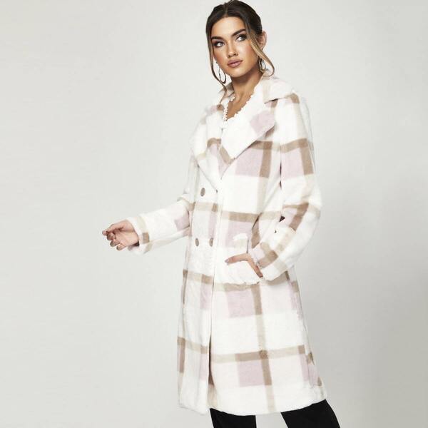 

Notch Collar Double Breasted Placket Faux Fur Coat, Multicolor