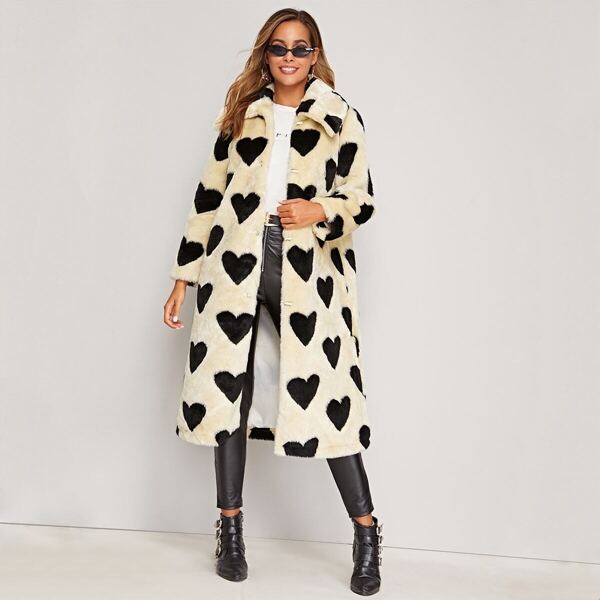

Premium Single Breasted Heart Pattern Faux Fur Coat, Multicolor