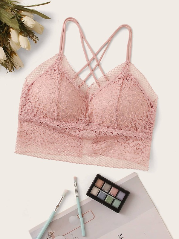 

Floral Lace Lattice Back Bralette, Pink