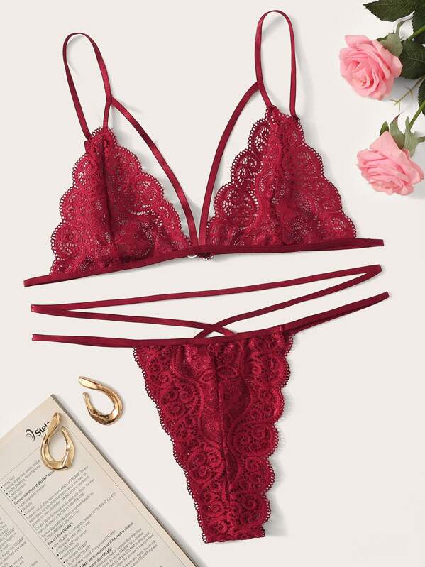 

Plus Floral Lace Harness Lingerie Set, Burgundy