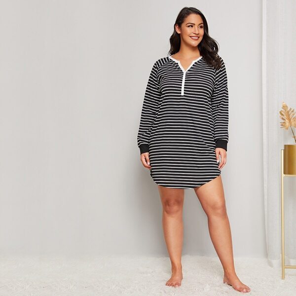 

Plus Striped Night Dress, Black and white