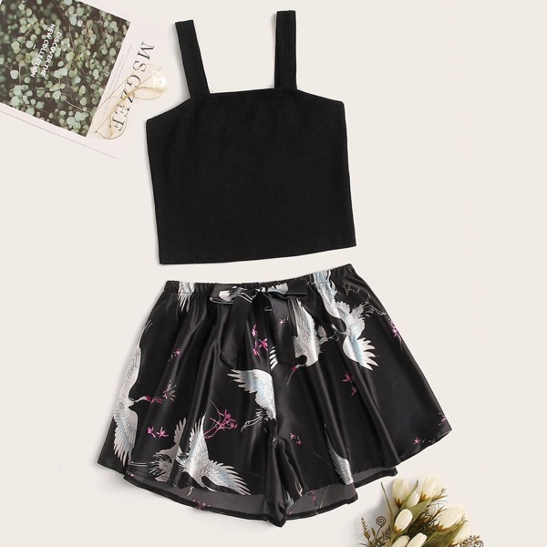 

Rib Top With Crane Print Satin Shorts, Black