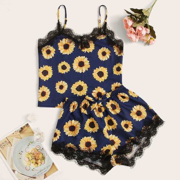 

Sunflower Print Lace Trim Cami Pajama Set