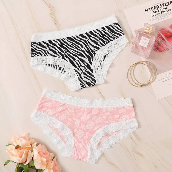 

2pack Zebra Striped & Floral Lace Trim Panty Set, Multicolor
