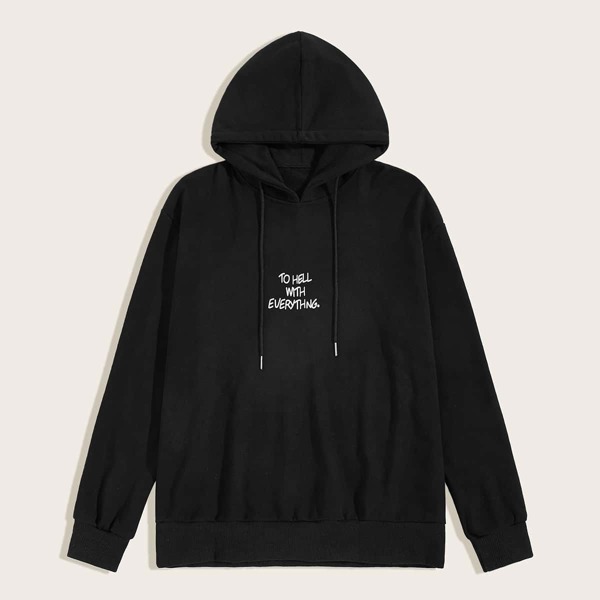 

Men Slogan Print Drop Shoulder Hooded Sweatshirt, Black