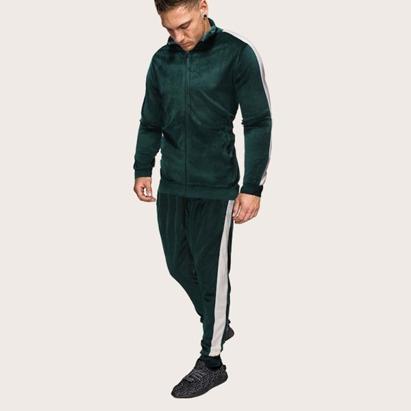 

Men Velvet Contrast Panel Jacket With Pants, Green