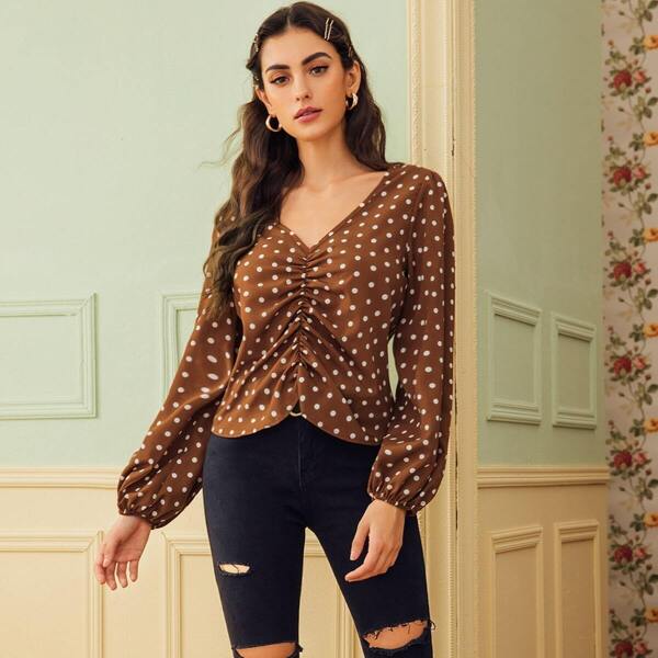 

V-neck Polka Dot Runched Blouse, Brown