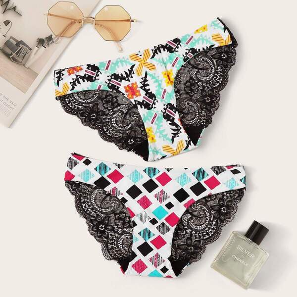 

2pack Geometric Contrast Lace Panty Set, Multicolor