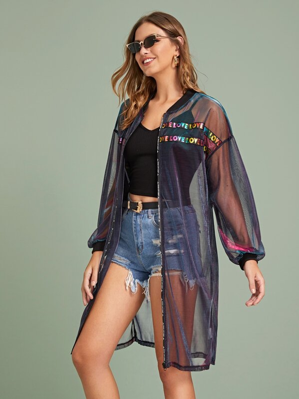 

Contrast Letter Tape Sheer Mesh Longline Bomber Jacket, Black, Luiza