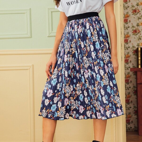 

Floral Print Elastic Waist Pleated Skirt, Multicolor
