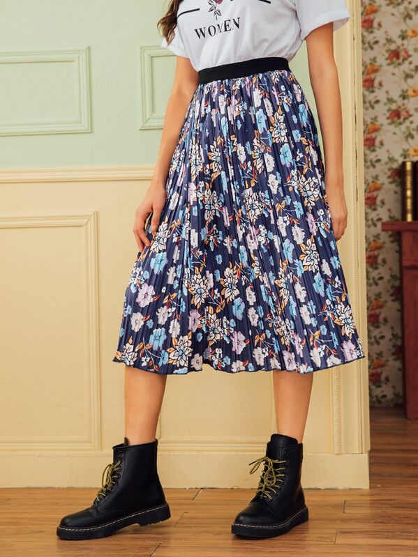 

Floral Print Elastic Waist Pleated Skirt, Multicolor, Carol A