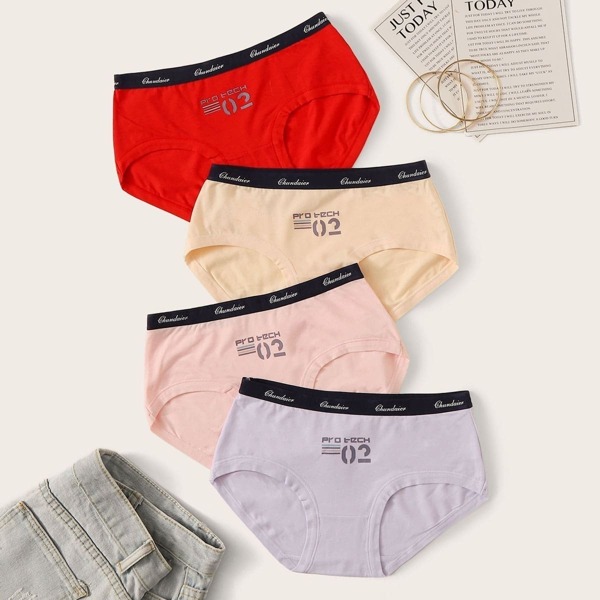 

4pack Letter Graphic Contrast Side Panty Set, Multicolor