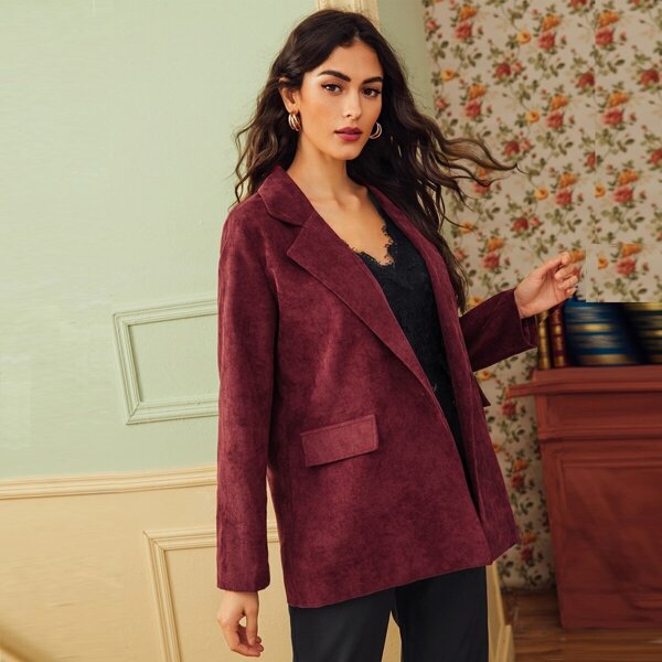 

Lapel Neck Pocket Side Corduroy Blazer, Burgundy