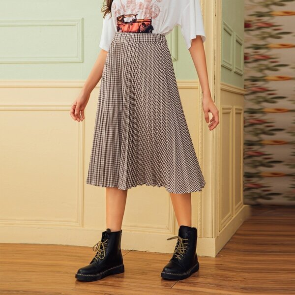 

Gingham Print Elastic Waist Pleated Skirt, Multicolor