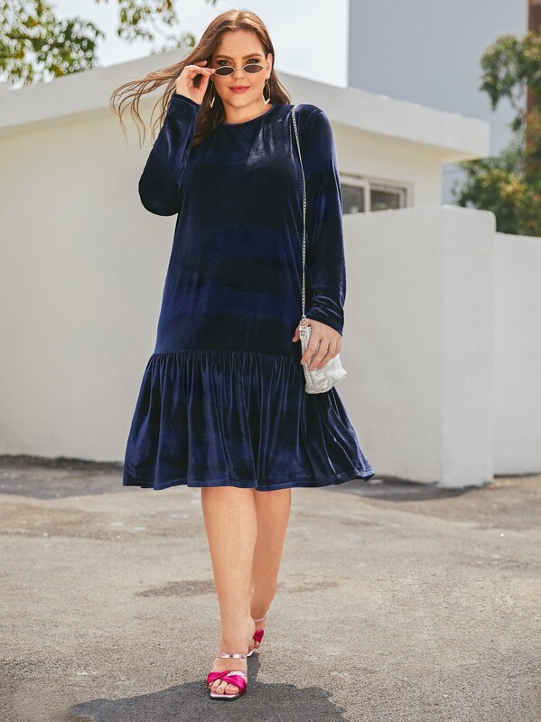 

Plus Ruffle Hem Velvet Smock Dress, Navy, Ella