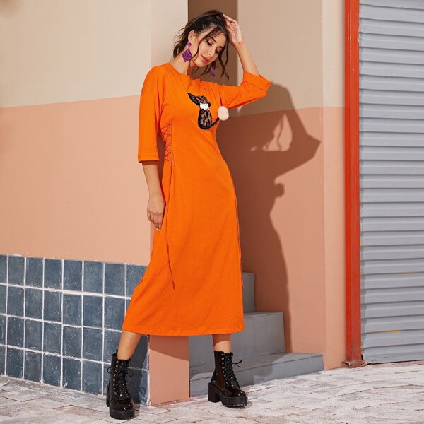 

Neon Orange Cat Pattern Lace-up Tee Dress, Orange bright