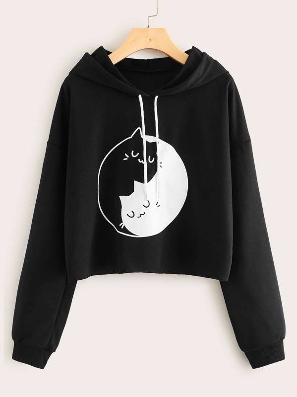 

Drop Shoulder Cartoon Print Drawstring Hoodie, Black