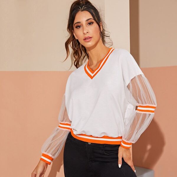 

Contrast Mesh Sleeve Stripe Trim Sweatshirt, White