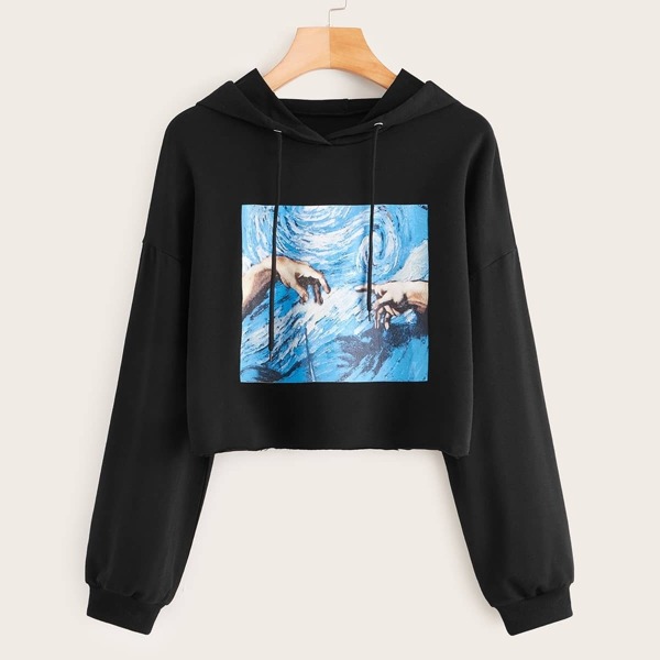 

Graphic Print Raw Hem Drawstring Hoodie, Black