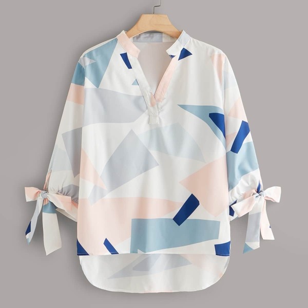 

Plus Geo Print Tie Sleeve High Low Blouse, Multicolor