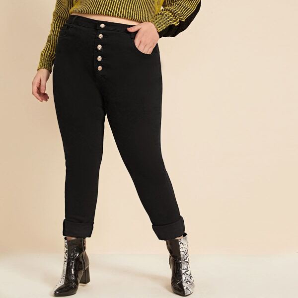 

Plus Button Front High Waist Skinny Jeans, Black