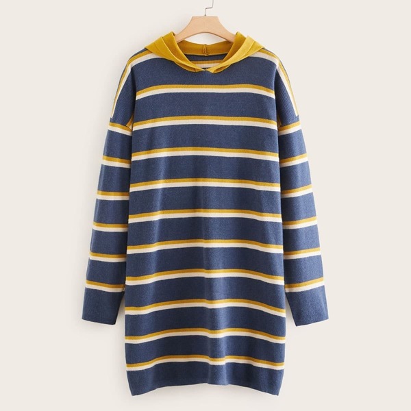 

Plus Striped Drop Shoulder Hooded Sweater Dress, Blue