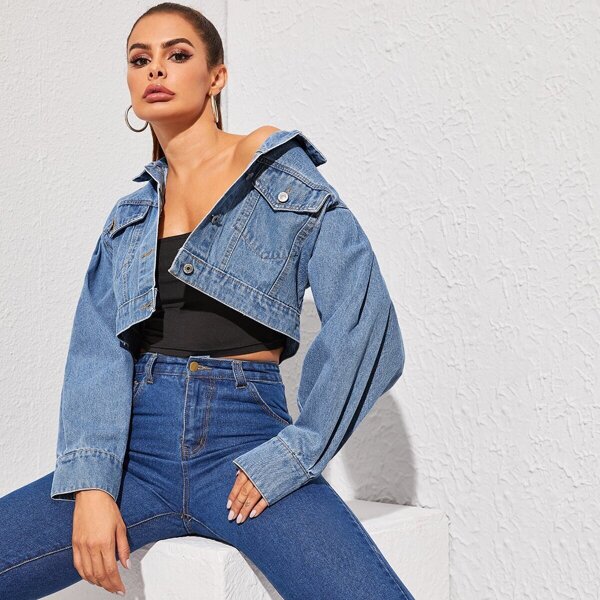 

Solid Crop Denim Trucker Jacket, Blue