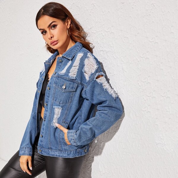 

Ripped Button Up Denim Trucker Jacket, Blue