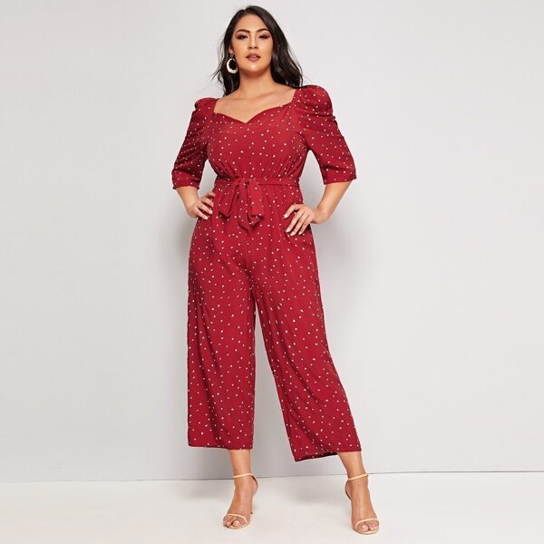 

Plus Confetti Heart Print Sweetheart Belted Jumpsuit, Red