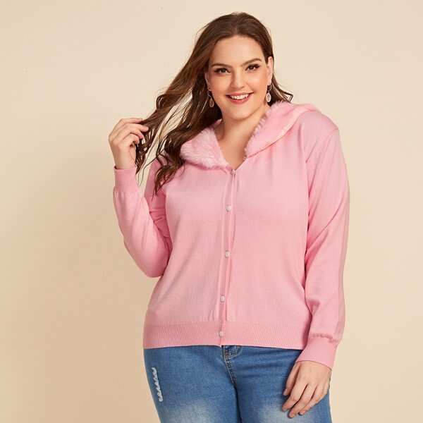 

Plus Solid Contrast Faux Fur Cardigan, Pink