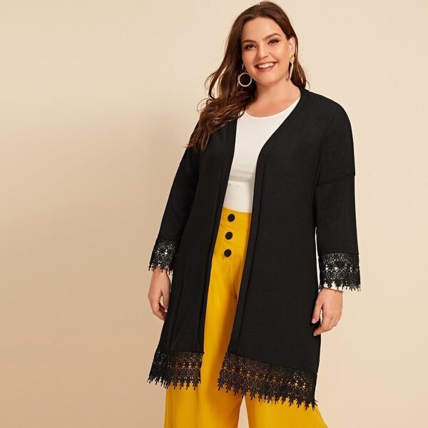 

Plus Lace Trim Drop Shoulder Cardigan, Black
