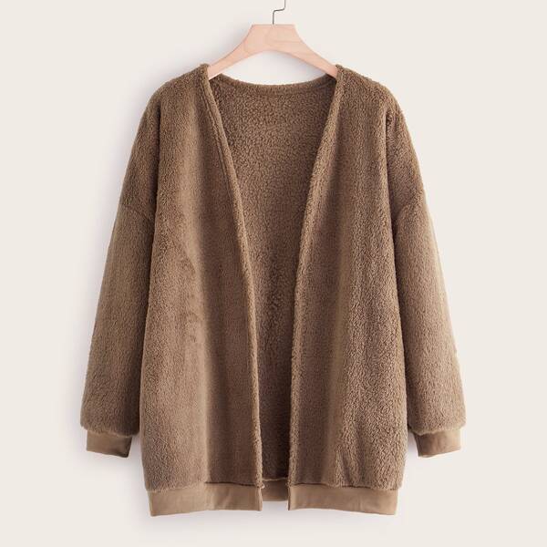 

Plus Solid Drop Shoulder Teddy Coat, Mocha brown